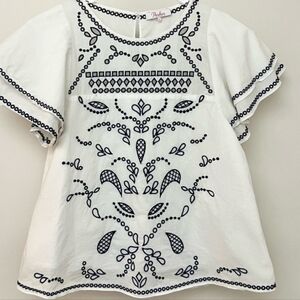 PARKER White & Navy Eyelet Crochet Embroidered Flutter Cotton Top Sz M